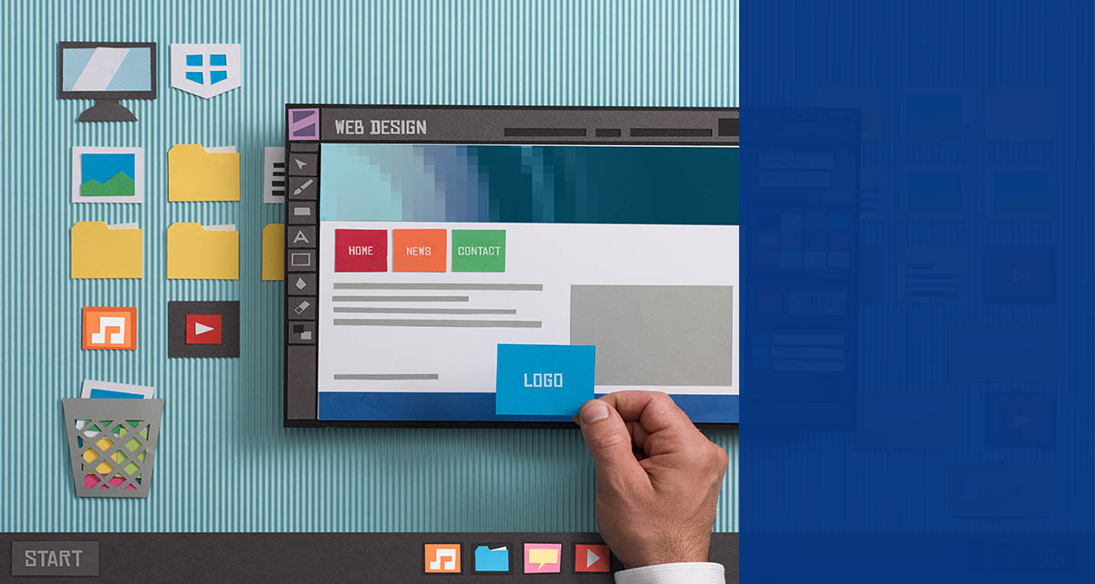 Web designer drafting web templates and web page layouts using a professional software, collage and paper cut composition