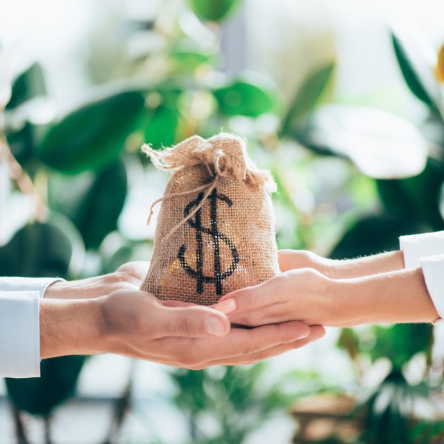 cropped shot of people holding sackcloth bag with dollar sign in hands