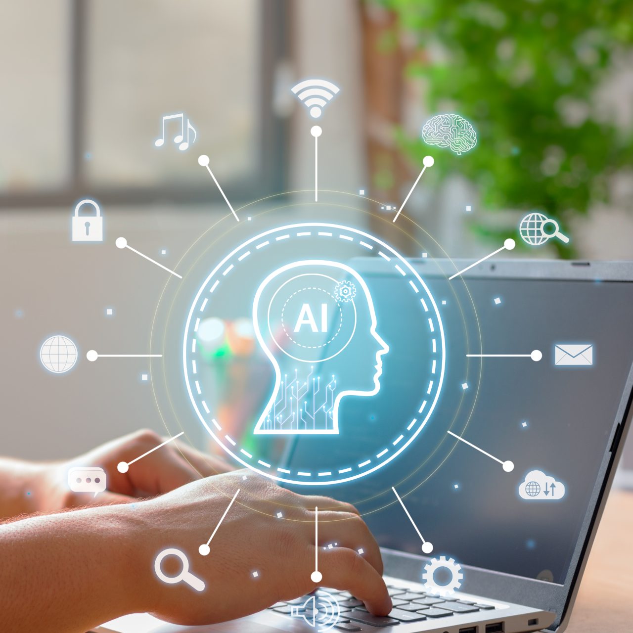 Vertical Image on Using of a laptop to interact with an artificial intelligence. Innovative automation technology.