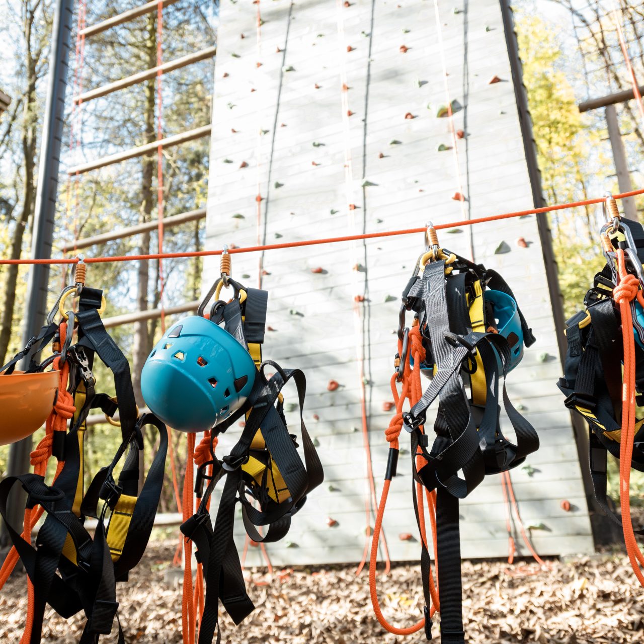 Climbing equipment hanging on the rope at amusement park outdoors