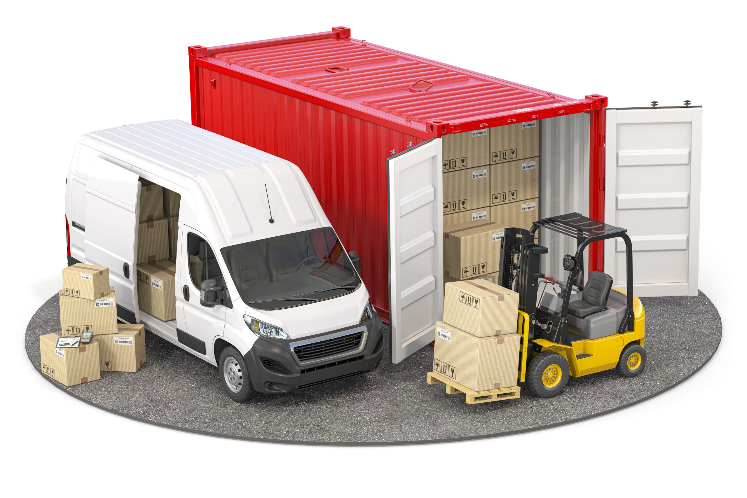 Delivery? logistic and shipping concept. Loading and unloading cargo from  container to van and forklift isolated on white. 3d illustration