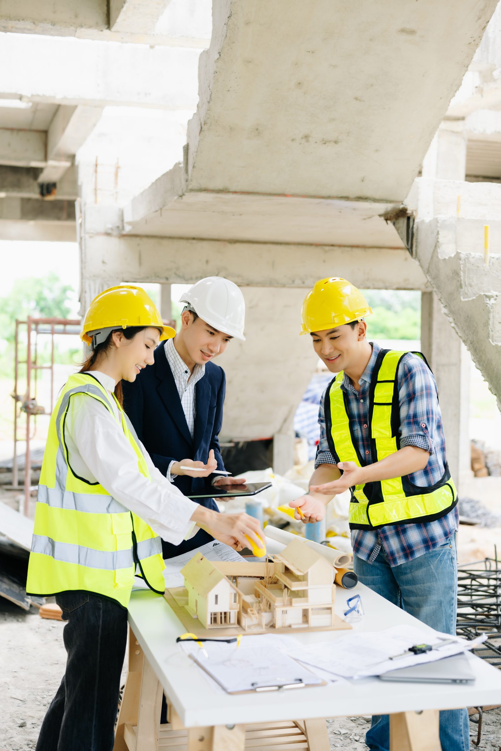 Engineers and architects collaborating on-site with safety gear, blueprints, and tools, showcasing teamwork, innovation, and construction planning