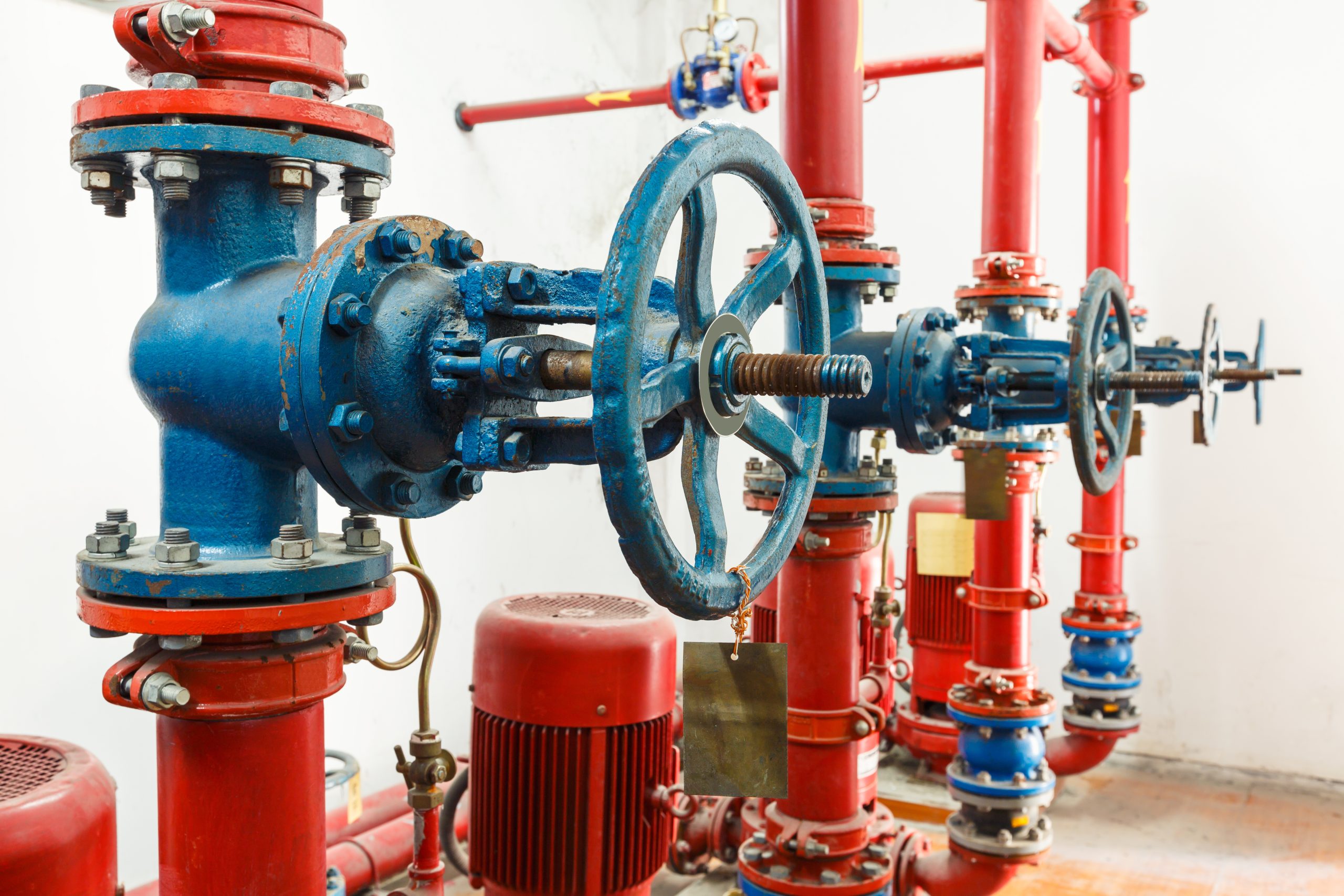 Industrial valves and motors connected to red piping