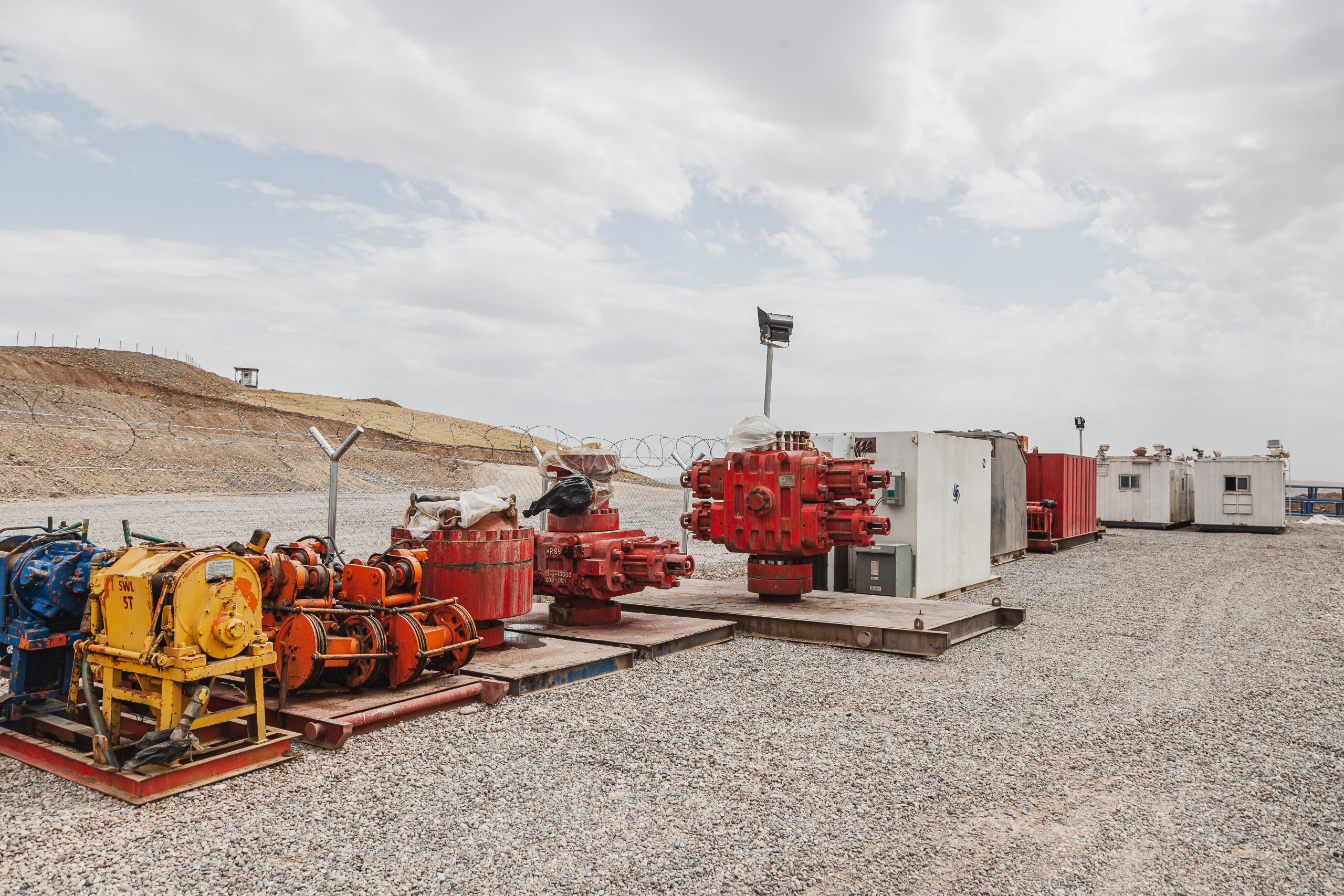 Pressure control equipment at an oil and gas operations yard
